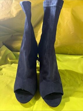 Liliana Navy Blue Open-Toe Stretch Sock Heeled Boots/ Swede Ankle Faux Fur